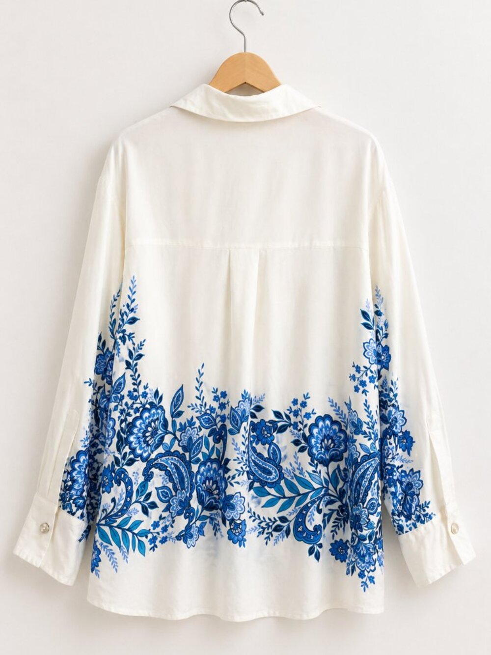 Zara Silky Blue Floral Blouse White Button Front Top Size L NWOT - Picture 2 of 4